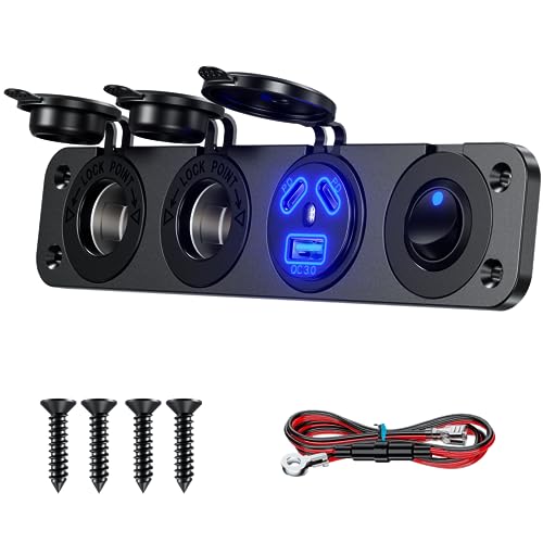 Kewig 4 in 1 Marine Switch Panel, 12V 108W 3 Ports USB C Outlet Dual PD 45W & 18W USB Port &, Dual Cigarette Lighter Socket with Waterproof Rocker Toggle Switch 12V for Boat Truck
