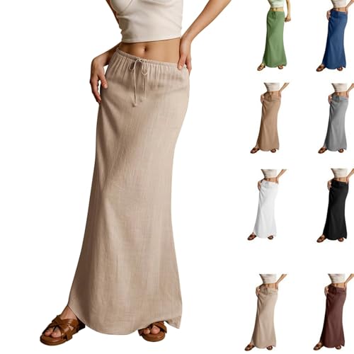 Womens Linen Maxi Skirts Drawstring Waist a Line Skirts, Cute Vacation Boho Long Flowy Skirts, Maxi Skirts for Women Summer