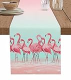 Tropical Flamingo Cotton Linen Table Runner for Dining Kitchen, Wedding Outdoor Party Tablerunners Decoration, Pink Bird Coastal Nautical Animal Dresser Scarf Coffee Tablecloth Runners 13x60 Inches