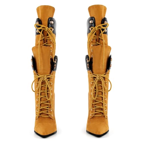 Richealnana Women's Double Lace Pointed Toe Stilettos Straps Up Strappy Knee High Boots3