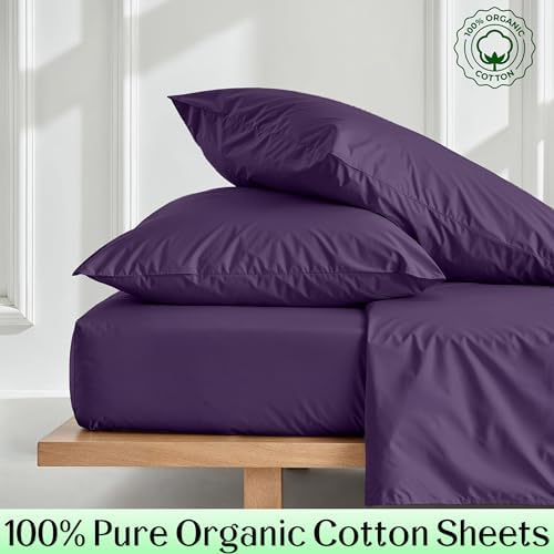 100% Organic Cotton Sheets - Queen 4-Piece Sheet Set 1000-Thread Count Long Staple Cotton, 15 inch Deep Pockets Soft Breathable Sateen Weave - Plum