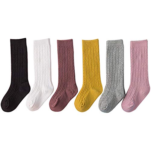 Looching Unisex Baby Girl Boy Knee High Cotton Socks for Newborn Infants Toddlers Long Cable Knit Tube Ruffled Stockings 6 Pairs Size S