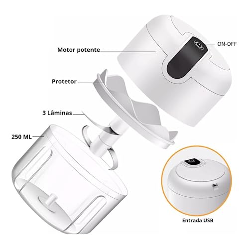 Mini Processador Triturador sem Fio 3 Lâminas Inoxidável Elétrico 250ml USB Recarregável Marca Nosre