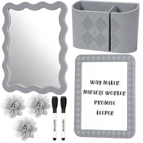 Image of QAUYETM 8 PCS Gray Locker Accessories Kit for Girls with Magnetic Mirror Whiteboard Pen Holder Flower Magnets Cute Aesthetic Locker Decoration Set for School Dorm Office Organization