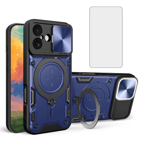 Coque iPhone 17 avec protège-écran verre trempé et anneau de support bleu rigide antichoc