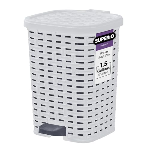 Image of Superio Small Outdoor Trash Can with Lid for Dog Poop 1.5 Gallon /6 L Mini Plastic Garbage Can with Foot Pedal for Bathroom, Bedroom, Office, Patio, Wicker Smoke