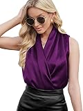 LYANER Women's Elegant Satin Wrap V Neck Sleeveless Tank Blouse Tee Top Deep Purple Medium