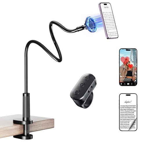 Magnetic Phone Holder for Bed Laying Down with Remote Page Turner, Bedside Gooseneck Phone Stand with Clicker for Reading, Flexible Mount with Wireless Scrolling Ring for iPhone/Tiktok/Short Video - image 1