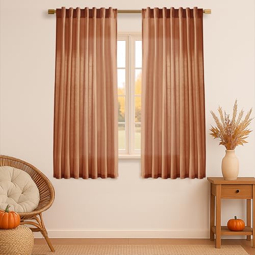 Image of XTMYI Burnt Orange Curtans 63 Inch Length for Bedroom,Sheer Linen Light Filtering Fall Autumn Farmhouse Drapes for Living Room Decor