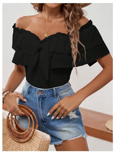 MakeMeChic Women's Off The Shoulder Tops Short Sleeve Tie Front Ruffle Layer Tee Shirts Blouse4