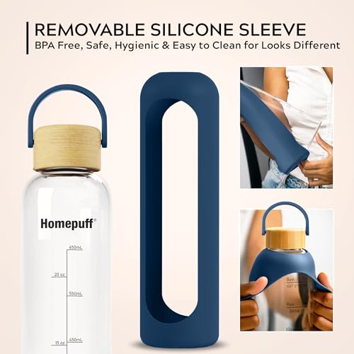 Image of Home Puff Borosilicate Glass Water Bottle With Silicone Cover Sleeve (1000ml) | Airtight, Leak-Proof Bamboo Lid, BPA-Free, Eco-Friendly, Reusable Bottle for Fridge, Gym, Travel, Office, Home (Blue)