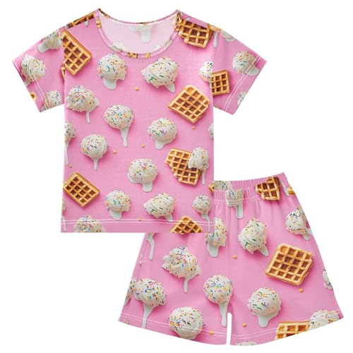 ALAZA Ice Cream Ball Waffle Pajamas Set Short Sleeve Cotton Sleepwear Summer Pjs 2 Piece 5-14Y
