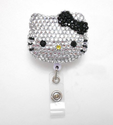 LOVEKITTY - 3D Cutie Blinged Out Black Bow Kitty Inspired Rhinestone Badge Reel/Name Badges/ID Badge Holder