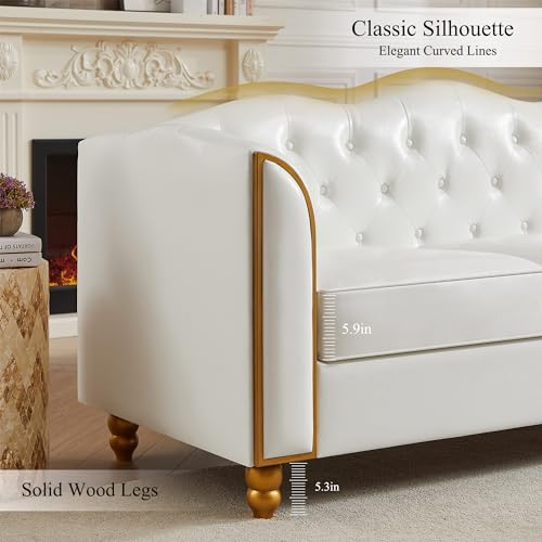 Image of HITHOS 78 inch Leather Sofa Couch, Soft 3 Seater Sofa Couches for Living Room, Button Tufted Comfy Couch Modern Sofa with Upholstered Cushion, Gold Trim, Solid Wood Legs for Dorm Bedroom Apartment, White