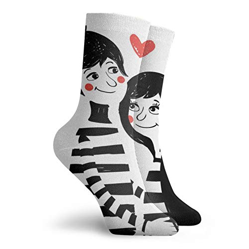 Hipster Fashion Compression Socks,Valentines Day Romantic Young Couple In Love Girl And Boy With Heart,Performance Polyester Cushioned Athletic Crew Socks for Running,Athletic,Black White Red -12 inch2