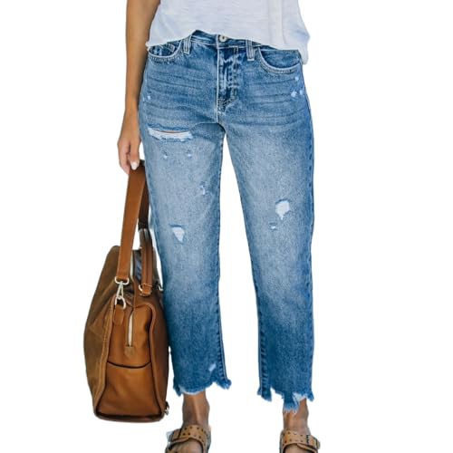 Women's Straight Leg Pants High Waist Ripped Raw Hem Crop Ripped Jeans Boyfriend Pants Frayed