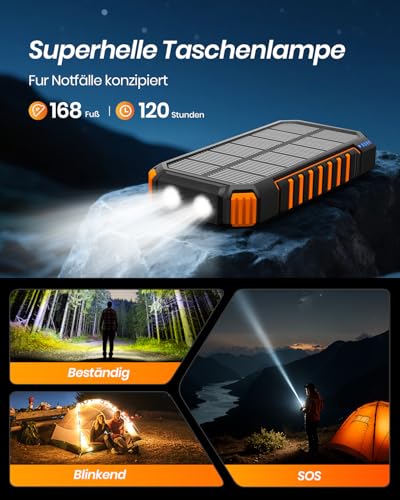 A ADDTOP Solar Power Bank – 26800mAh kabelloses PowerBank mit USB C – 3,0A Schnellladefunktion Tragbares Ladegerät für Smartphones Tablets – 2 Taschenlampen für Camping und Outdoor