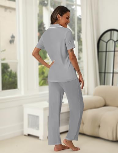 Image of HNG Women Pajamas Set 2 Piece Button Up Pajamas Pant and Short Sleeve Shirt for Woman Pj Sets with Pocket