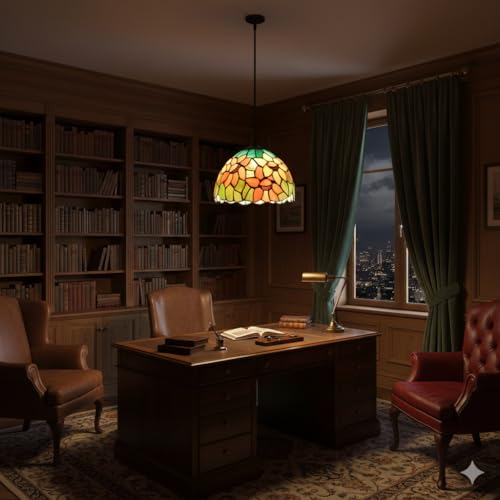 Image of Stained Glass Hanging Pendant Lamp, Yellow Orange Floral, Decorative Ceiling Light for Home & Cafe (Free Bulb) (Design - 10) Free Bulb- 3 Color Options- Warm White, Cool White and Natural