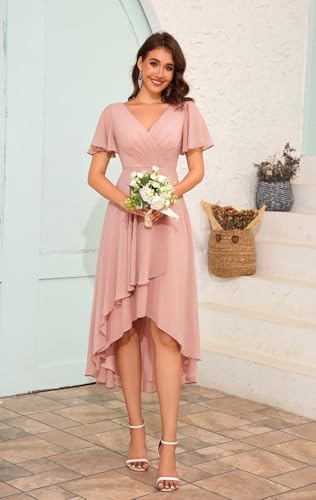 POMUYOO High Low Bridesmaid Dresses Chiffon V-Neck Short Sleeve Ruched Modest Formal Gowns for Wedding2