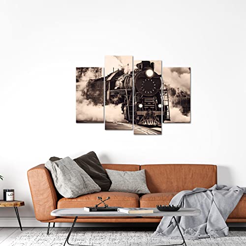 Nachic Wall 4 Piece Sepia Old Train Picture Canvas Art Retro Brown Steam Train Poster Painting On Canvas Vintage Vehicle Poster Artwork For Home Office Living Room Decorations #TOP4