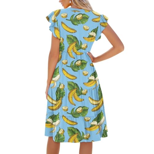 Image of Women's Casual Ruffle Sleeve Dress V Neck Pullover Dress Flowy A-Line Pleated Lightweight Dress with Pockets