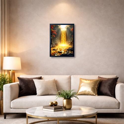 Image of ARTFUL TOY BOX - Golden Money Waterfall Photo Frame Wall Art for Home Decor | Wealth Flow, Abundance & Prosperity Vastu Wall Decor for Living Room & Office | HD Glossy Print | Premium Fiber Black Frame - 12x18 Inch (30x45 cm) (Design 5)