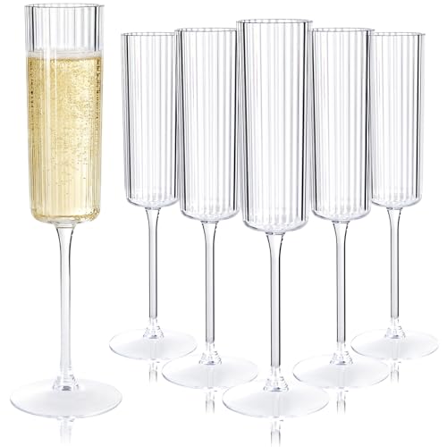 Joyido 36 Pack Clear Plastic Champagne Flutes - 6oz Ribbed Disposable Champagne Glasses - Clear Vintage Mimosa Glasses with Long Stem - Elegant Sparkling Wine Stemware for Wedding, Party