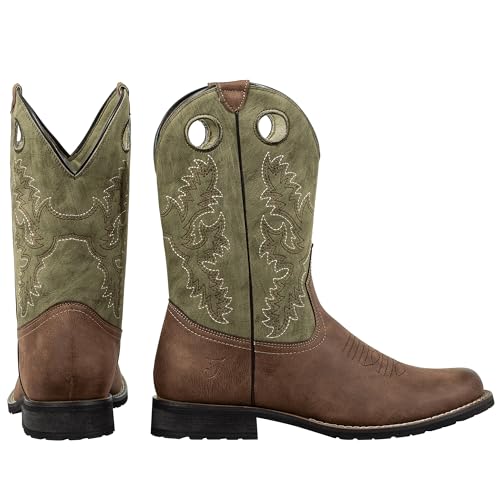 J's.o.l.e Western Mens Cowboy Boots Round Toe Work Boot Slip On Pu Leather Embroidered Casual Dress Boots Brown4