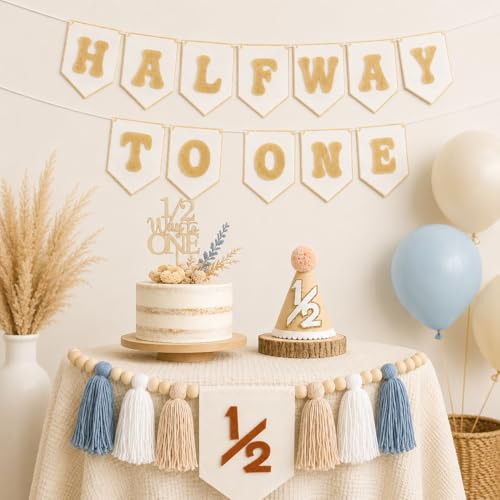 Image of 1 /2 Birthday Boy Half Birthday Decorations - Half Way to One Banner Cake Topper Tassel Wood Bead High Chair Banner Hat for Boys and Girls 6 Months Birthday Decorations Party Supplies