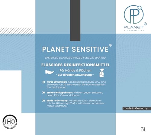 Planet Sensitive® - 5L alkoholfreies Desinfektionsmittel für Flächen, Oberflächen, Hände & Haut | Wirksam gegen Bakterien, Viren, Pilze, Sporen, Schimmel & entfernt Gerüche | Basisch | Kanister