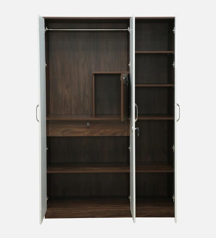 Image of Mintwud Pepperfry Engineered Wood Wardrobe with 3 Doors Storage | Wooden Almirah for Living Room Bedroom Furniture | Storage Organizer Cabinet Cupboard for Clothes (Ivory, Wenge Finish)
