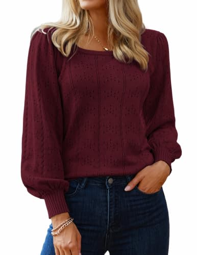 Image of HOTOUCH Sweaters for Women 2026 Fall Trendy Tops Casual Puff Sleeve Square Neck Cute Tunic Pullover Blouses XS-XXL