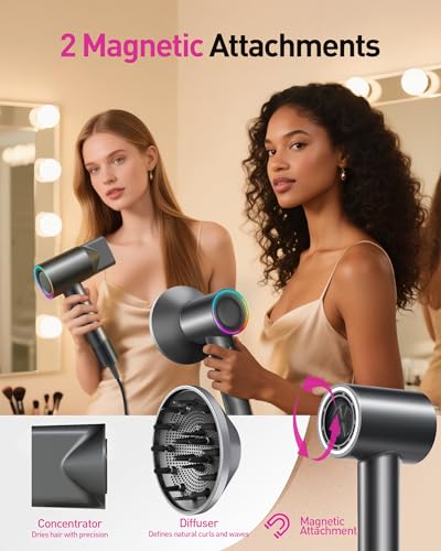 Image of High-Speed Hair Dryer, 160,000 RPM Brushless Motor for Ultra-Fast Drying, 500M Ionic Negative for Frizz Reduce, Low Noise Thermo-Control Blow Dryer with Diffuser for Curly Hair Women and Men,Grey