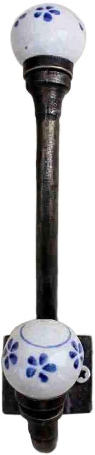 Indian Shelf Pack of 6 Ceramic Heavy Duty Decorative Double Wall Hooks for Hanging Coats, Jackets, Leash, Hat, Towel, Backpack, Purse, Handbag for Bedroom Décor (Blue)