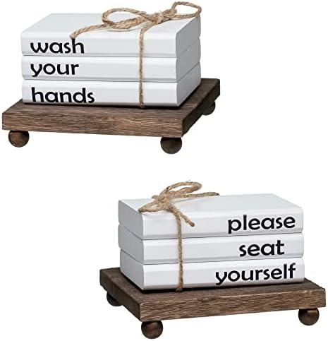 Reversible 2 Sides Farmhouse Mini Wooden Book Stack Decors Please Seat Yourself & Wash Your Hands With Wood Riser Funny Bathroom Decor Restroom Decorative Signs with Wood Tray (White)