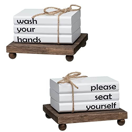 Reversible 2 Sides Farmhouse Mini Wooden Book Stack Decors Please Seat Yourself & Wash Your Hands With Wood Riser Funny Bathroom Decor Restroom Decorative Signs With Wood Tray (White) #TOP2
