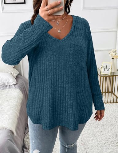 Image of Koscacy Women Plus Size Casual Knit Sweater with Pocket V Neck Solid Color Tops Lightweight Long Sleeve Blouses