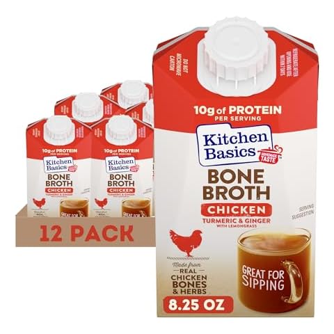 Kitchen Basics Turmeric & Ginger With Lemongrass Chicken Bone Broth, 8.25 oz (Pack of 12) | No Artificial Flavors, Gluten Free, Keto Friendly, Great for Sipping, Resealable Cap | Cover