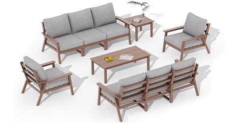 Image of LOUNZY HDPE Patio Furniture Set,10 Pieces Sectional Outdoor Furniture Set, All Weather Outdoor Couch Set Patio Conversation Set for Deck, Lawn, Brown