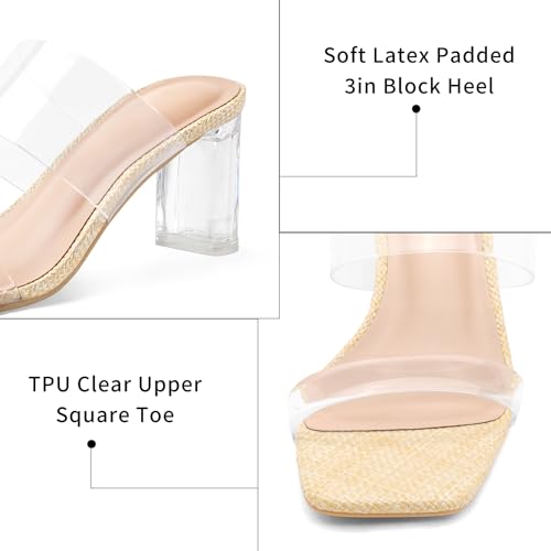 Image of mysoft Women's Clear Heels Square Toe Chunky Block Heel Sandals | 3 Inch Block Heel, Two Clear Straps, Slip On, Square Open Toe, Comfortable, Lightweight, Daily Walking, Party, Summer Dressy