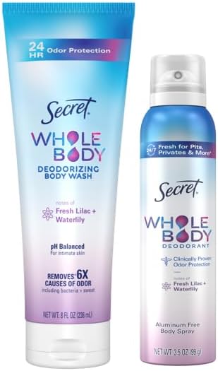 Whole Body Feminine Wash + Deodorant Spray Bundle for Women, Lilac + Waterlily Scent, Aluminum Free, Odor Protection, 8 oz & 3.5 oz (Pack of 2)
