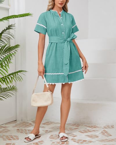 Image of Women's Summer Shirt Dress Short Sleeve Button Down Mini Tie Waist Belted Tunic with Pockets RIC Rac Trim