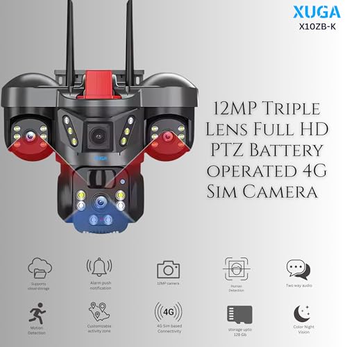 Image of XUGA - Cybernautt X10ZB-K 12MP 3 Lens PTZ 4G Sim Wireless Outdoor CCTV Camera with Three Side View | 360 | Motion Detection| Siren Alarm| Outdoor | Gym | Farm | Home | Use Air-tel 4G Sim