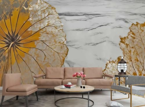 rskjdghshd Papier Peint Moderne Feuille De Lotus Jaune, Art Motif Marbre Gris Et Blanc, Mur De Fond De Canapé TV, Chambre À Coucher, Salon, Étude Murale,3D,150x105cm