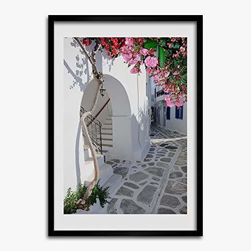 Affiche peinture de village grec et cadre MDF 50x70 cm Tulup pour décoration murale bois