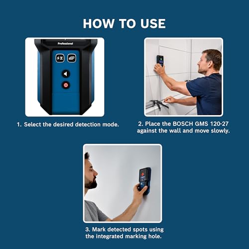 Image of BOSCH GMS 120-27 Professional Wall Scanner Detector-Finds Metals, Live Wires, Wooden Studs in Drywalls, IP54 Dust & Splash Protection, 120 mm Range, Includes Pouch & Batteries, 1Yr Warranty from BOSCH