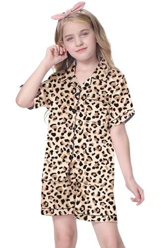 Schbbbta Girls Satin Pajamas Sets 2 Piece Silky PJ Set Short Sleeve Button Down Shirts Sleepwear for Kids，Brown Leopard, 5-6 Years = Tag 1302