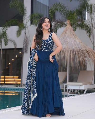 Image of FOXDX Design a New Fuax Georgette Sleeveless Anarkali Gown with Dupatta 2 Peice Pair for Women | 7 mtr Gown Flair | 54 inch Gown Length