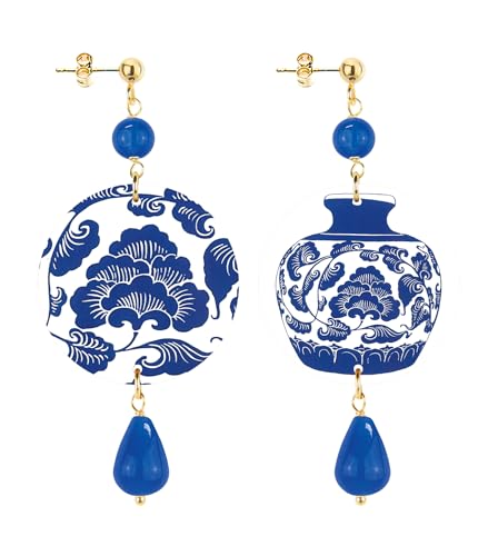 Lunghezza orecchino 6,5 cm IN Lebole Collezione The Circle Piccoli DPOR115 Vaso Blu e Bianco Orecchini da Donna in Ottone Pietra Blu